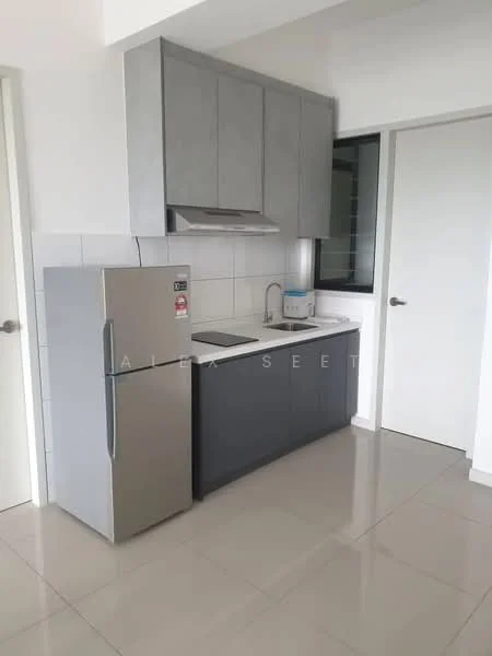 Kitchen features: grey upper cabinets, dark grey lower cabinets, stainless-steel fridge, single-bowl stainless-steel sink, chrome pull-down faucet, white tiled backsplash, white countertop, built-in range hood, ceramic tile flooring, recessed downlights, door leading to hallway; style: modern.