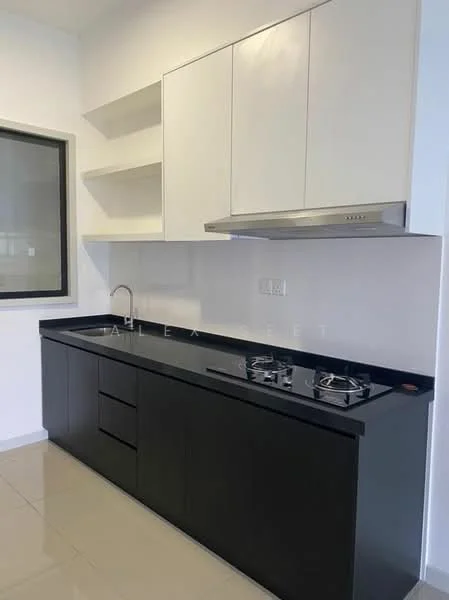 Kitchen features: black granite countertop, white upper cabinets, black lower cabinets, stainless-steel range hood, built-in gas hob with 2 burners, single-bowl stainless-steel sink, chrome pull-down faucet, white tiled backsplash, open shelving above countertop, ceramic tile flooring, recessed downlights; style: modern.