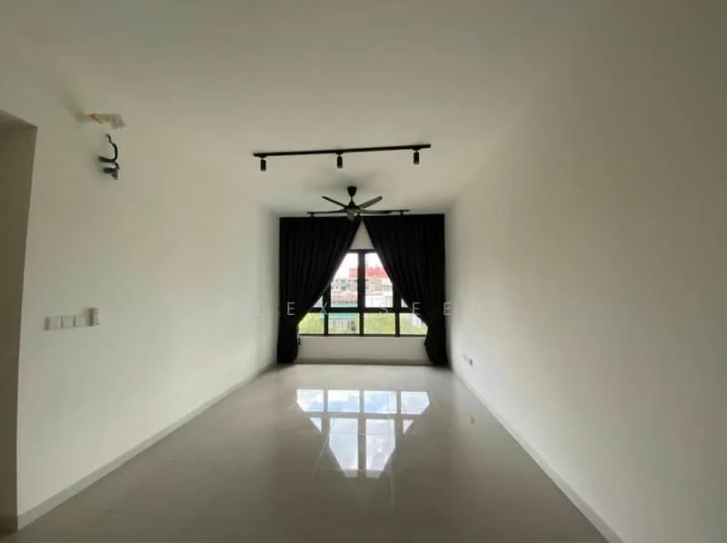 Living features: white painted walls, polished tile flooring, 5-blade ceiling fan with light, floor-to-ceiling windows, blackout curtains, natural light, view of greenery; style: modern; view: garden.