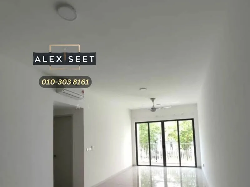 Room features: white painted walls, polished tile flooring, 5-blade ceiling fan, wall-mounted split AC, floor-to-ceiling windows, sliding glass door, natural light from windows, no visible furniture; style: modern; view: garden.