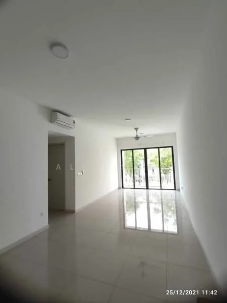 Living features: white painted walls, glossy tile flooring, 5-blade ceiling fan, wall-mounted split AC, floor-to-ceiling sliding glass doors, natural light from windows, balcony access, neutral color scheme; style: modern; view: garden.