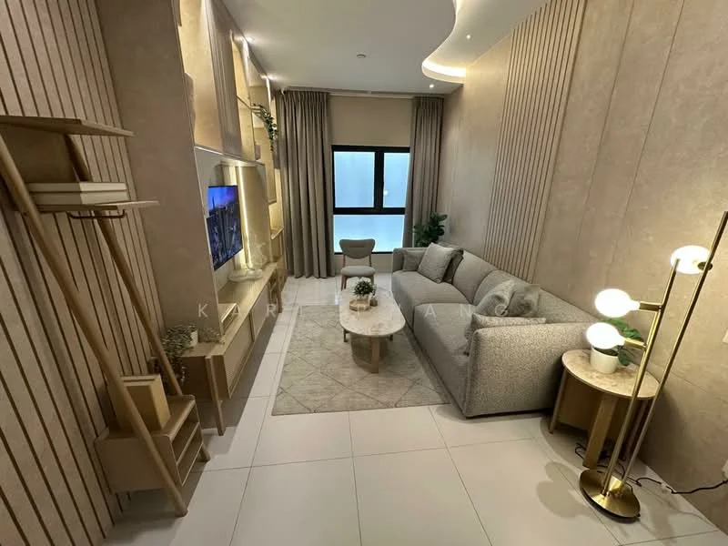 Living features: light grey fabric sofa, round coffee table with marble top, TV console with built-in shelving, wall-mounted TV, decorative wall paneling, recessed lighting, floor-to-ceiling windows, curtains, decorative plants, modern floor lamp with multiple bulbs, light-colored tiled flooring, accent wall with wood texture; style: modern.