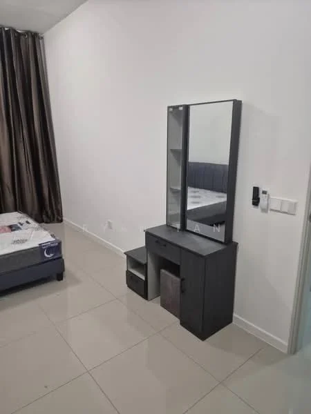 Bedroom features: queen-size bed, upholstered headboard, bedside table, vanity with mirror, black cabinetry, tile flooring, floor-to-ceiling curtains, wall-mounted intercom, white painted walls; style: modern.