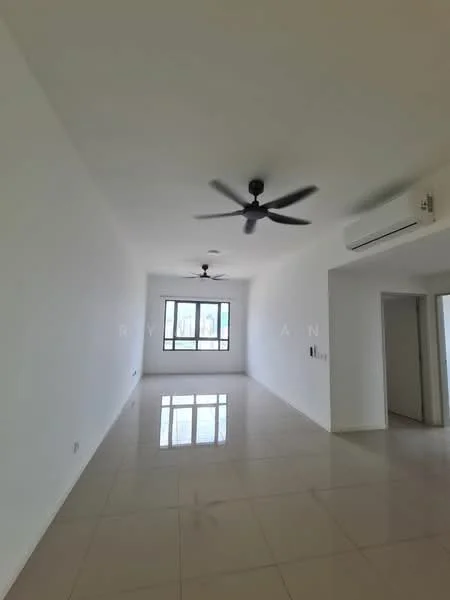 Living features: white painted walls, polished ceramic tile flooring, 2 ceiling fans, 1 wall-mounted split AC, large window with city view, neutral color scheme, open layout, natural light; style: modern; view: city.