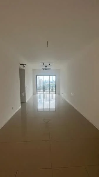 Room features: white painted walls, glossy beige tile flooring, recessed LED downlights, floor-to-ceiling windows, sliding glass door, city view, open layout, no visible furniture; style: modern; view: city.