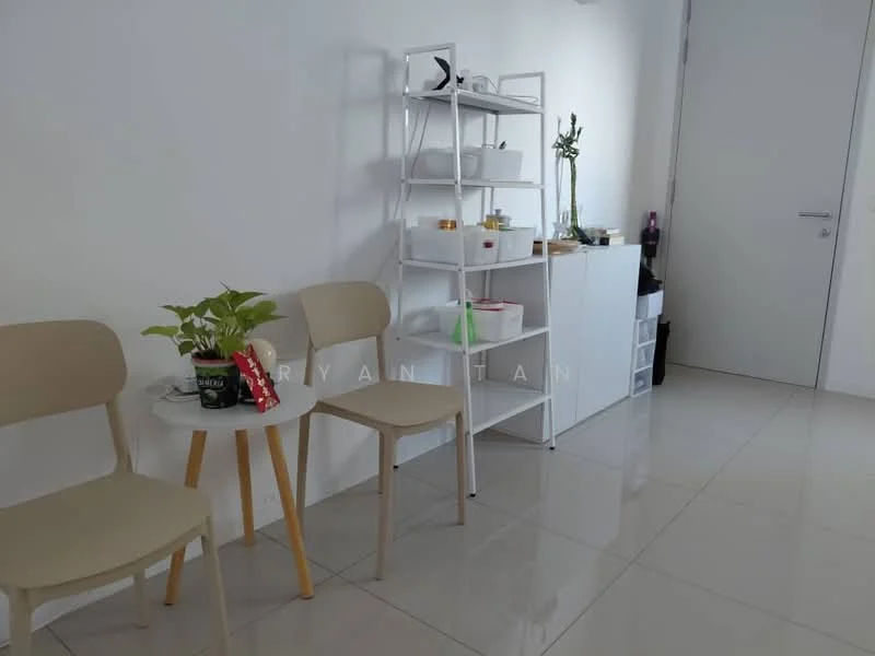 Room features: white painted walls, glossy tile flooring, two wooden chairs with light-colored seats, small round table with wooden legs, white shelving unit, decorative plants, storage cabinet, minimalist decor; style: modern.