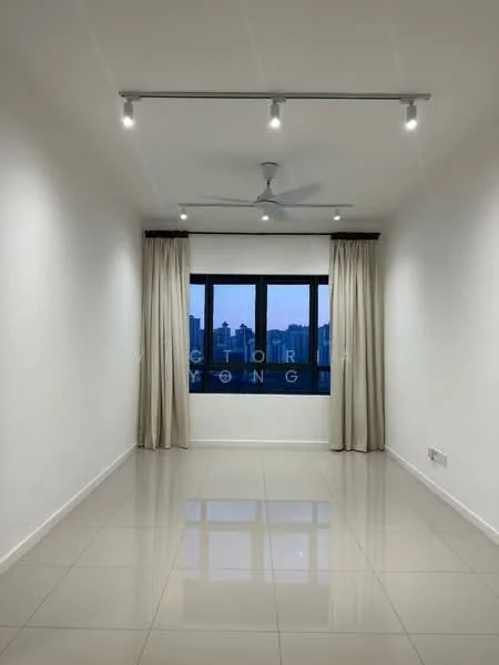 Room features: white painted walls, glossy tile flooring, recessed LED downlights, 5-blade ceiling fan, floor-to-ceiling windows, sheer curtains, city skyline view; style: modern; view: city.