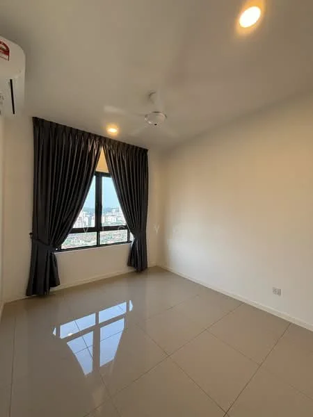 Room features: white painted walls, glossy beige tile flooring, floor-to-ceiling windows, blackout curtains, 5-blade ceiling fan, air conditioning unit, city view; style: modern; view: city.