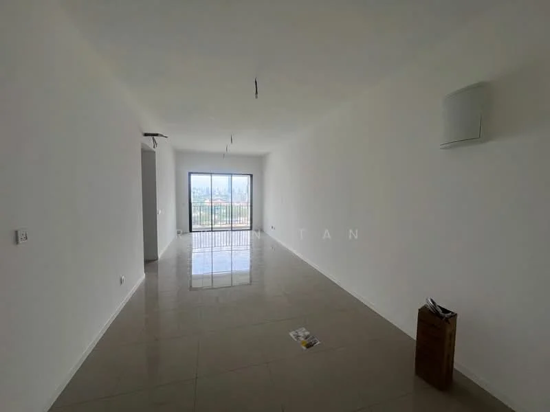Living features: white painted walls, glossy ceramic tile flooring, floor-to-ceiling windows, sliding glass door, natural light from large window, ceiling speakers, minimalist design, neutral color palette; style: modern; view: city.