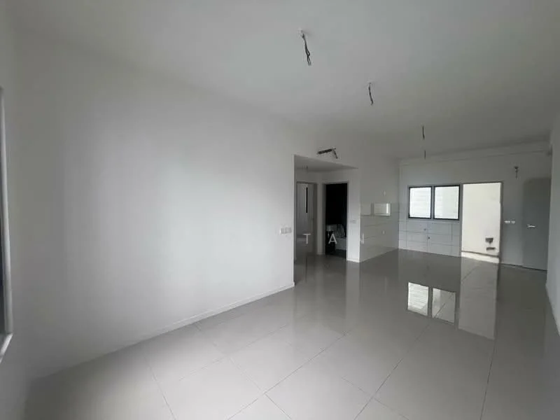 Room features: white painted walls, glossy ceramic tile flooring, recessed downlights, large windows with no treatments, open layout, neutral color scheme, minimalist design, doorway leading to another room; style: modern.