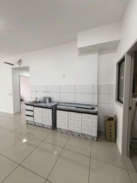 Kitchen features: white painted walls, glossy tile flooring, double-bowl stainless-steel sink, chrome pull-down faucet, white cabinetry with handles, grey countertop, wall-mounted light fixture, tile backsplash; style: modern.
