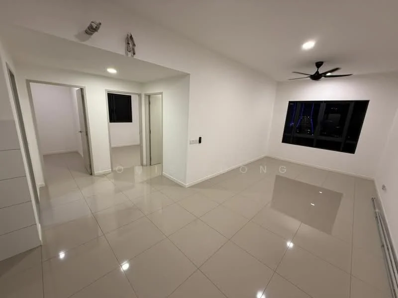 Room features: white painted walls, glossy ceramic tile flooring, ceiling fan, floor-to-ceiling windows, sliding door, recessed downlights, neutral color scheme, open layout; style: modern; view: city.