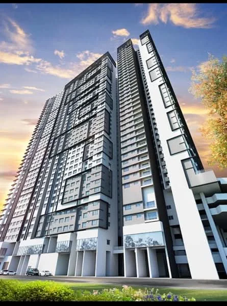 Exterior type: high-rise condominium; features: glass curtain wall, exposed concrete facade, recessed balconies, vertical fins, feature lighting at night, approximately 30-storey high-rise, manicured lawn, surrounded by mature greenery; style: modern.