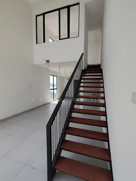 Room features: staircase with wooden steps, metal railing, white painted walls, large windows, tile flooring, open space, natural light, high ceiling; style: modern; view: city.