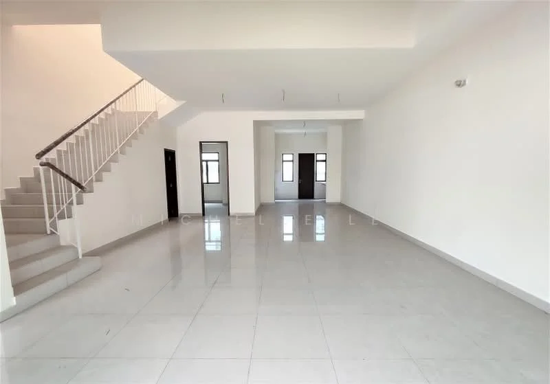 Room features: white painted walls, polished ceramic tile flooring, high ceiling, staircase with white railing, multiple windows, doorways leading to other rooms, open layout; style: modern.