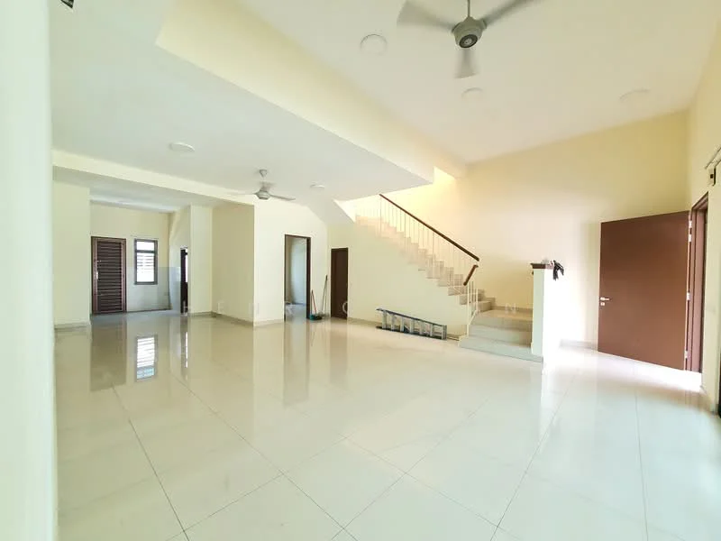 Living features: cream painted walls, white ceiling, marble tile flooring, 2 ceiling fans, staircase with handrail, large windows, double doors, open layout, natural light; style: modern.
