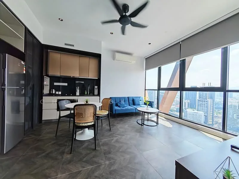 Living features: floor-to-ceiling windows, city view, 3-seater fabric sofa in blue, round coffee table, 4-seater dining table, black dining chairs, stainless-steel fridge, built-in kitchen cabinetry, kitchen countertop, ceiling fan with light, recessed downlights, grey tile flooring; style: modern; view: city.