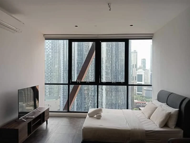Bedroom features: king-size bed, upholstered headboard, bedside table, wall-mounted TV, floor-to-ceiling windows, city view, air conditioning unit, wooden flooring; style: modern; view: city.