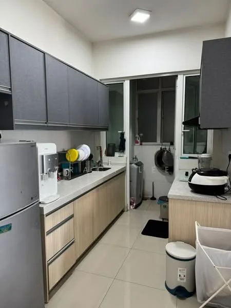 Kitchen features: grey cabinetry, white countertop, stainless-steel fridge, built-in oven, 4-burner gas hob, exhaust hood, double-bowl stainless-steel sink, chrome pull-down faucet, tile flooring, window with view to outdoor area, washing machine, plastic trash bin, open shelving; style: modern.