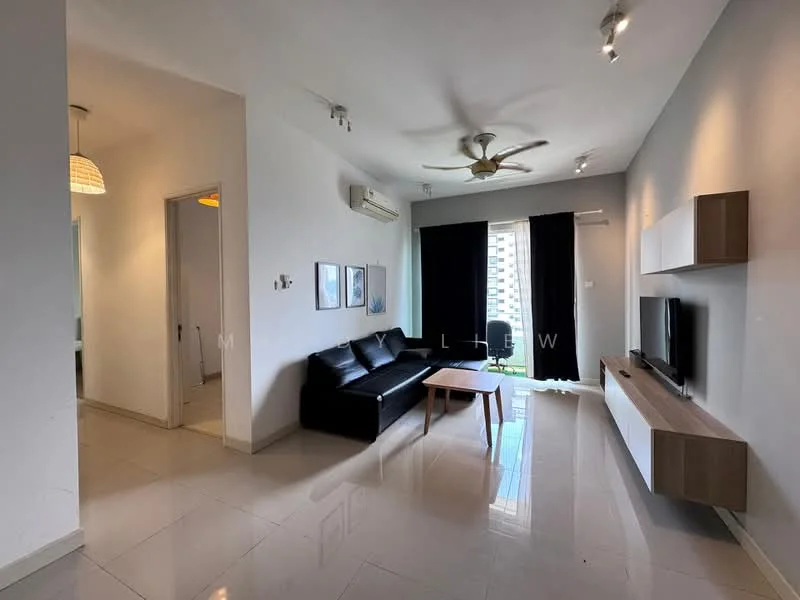 Living features: 3-seater black leather sofa, wooden coffee table, wall-mounted TV, white TV console, floor-to-ceiling windows, blackout curtains, light grey painted walls, polished ceramic tile flooring, ceiling fan with light, recessed downlights; style: modern; view: city. Room features: door leading to hallway, door leading to bedroom, air conditioning unit.