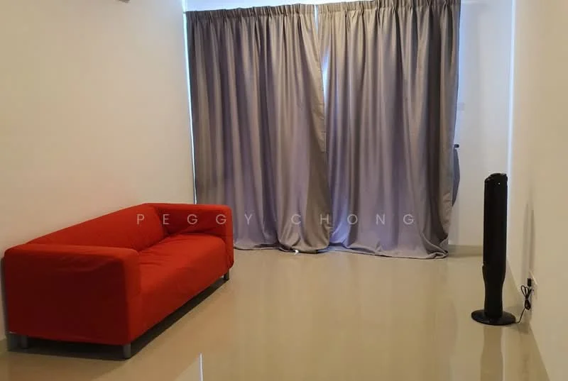 Living features: red fabric sofa, grey curtains, glossy tile flooring, floor fan, white painted walls, natural light from window; style: modern.