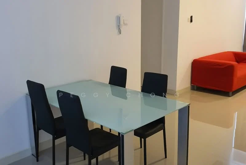 Dining features: glass dining table, 4 black dining chairs, white painted walls, polished tile flooring, wall-mounted intercom, light switch, red fabric sofa in background; style: modern.