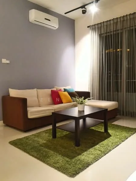 Living features: 3-seater fabric sofa in cream, wooden frame sofa, colorful throw pillows, coffee table in dark wood, area rug in green, floor-to-ceiling windows with sheer curtains, wall-mounted split AC, recessed downlights, grey accent wall; style: modern.