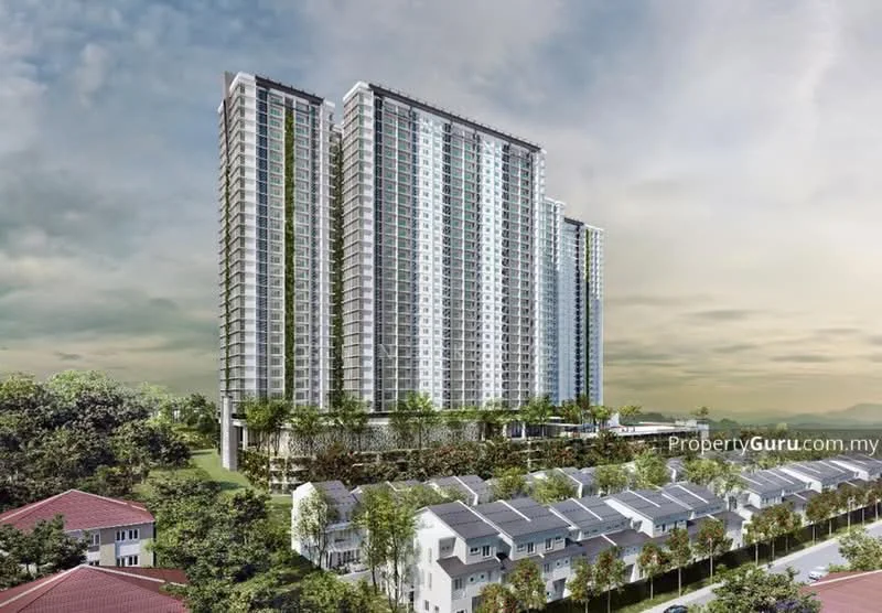 Exterior type: high-rise condominium; features: glass curtain wall, approximately 20-storey high-rise, recessed balconies, landscaped garden at base, surrounded by mature greenery, multi-storey car park, swimming pool deck, children's playground, outdoor gym, jogging track; style: modern.