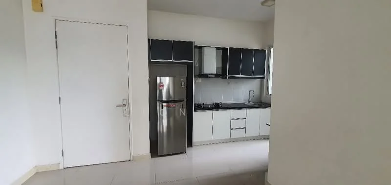 Kitchen features: white cabinets, black countertop, stainless-steel fridge, built-in gas stove, single-bowl stainless-steel sink, chrome pull-down faucet, white tiled backsplash, ceramic tile flooring, window for natural light, light fixture on ceiling; style: modern.
