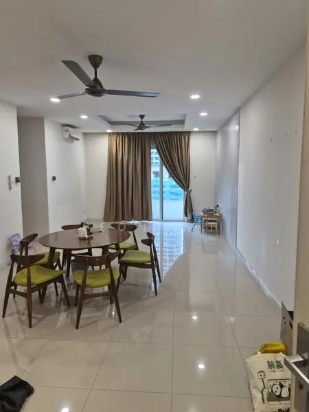 Dining features: round dining table, 4 wooden dining chairs with green upholstery, 5-blade ceiling fan with light, white painted walls, glossy tile flooring, floor-to-ceiling sliding glass door, curtains, recessed downlights, air conditioning unit on wall; style: modern; view: city.