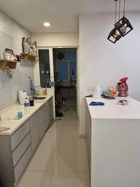 Kitchen features: white painted walls, light grey cabinetry, laminate countertop, single-bowl stainless-steel sink, chrome pull-down faucet, recessed downlights, open shelving, ceramic tile flooring, kitchen island, pendant light fixture; style: modern.