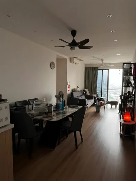 Living features: laminate flooring, white painted walls, 5-blade ceiling fan, sofa in grey, dining table with marble top, 4 dining chairs, TV console, freestanding TV cabinet, floor-to-ceiling windows, curtains, decorative items on shelves, wall clock; style: modern; view: city.