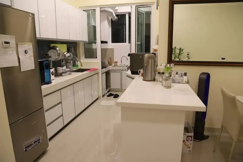 Kitchen features: white cabinetry, stainless-steel refrigerator, built-in oven, stainless-steel sink, chrome pull-down faucet, white countertop, ceramic tile flooring, window with view to outside, kitchen island, microwave, dishwasher, wall-mounted extractor hood, open shelving, decorative mirror; style: modern.