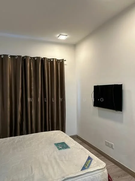 Bedroom features: white painted walls, brown curtains, wall-mounted TV, queen-size mattress, laminate flooring, recessed ceiling light.