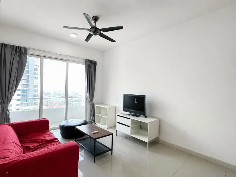 Living features: red fabric sofa, black ottoman, wood coffee table, white TV console, wall-mounted TV, floor-to-ceiling windows, grey curtains, ceiling fan with light, glossy tile flooring, white painted walls, recessed ceiling lights; style: modern; view: city.