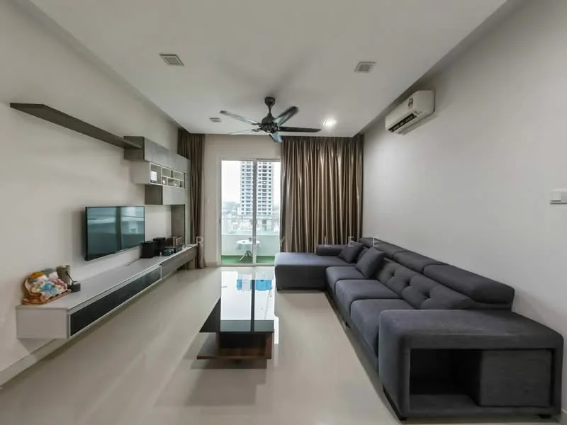 Living features: grey fabric L-shape sectional sofa, glass coffee table with wooden base, wall-mounted TV, TV console with storage, 5-blade ceiling fan with light, wall-mounted air conditioning unit, floor-to-ceiling windows, sheer curtains, light-colored painted walls, polished tile flooring; style: modern; view: city.