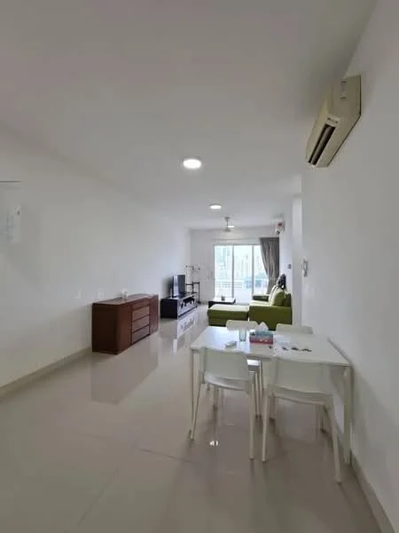 Living features: white painted walls, glossy tile flooring, 5-blade ceiling fan with light, floor-to-ceiling windows, green fabric sofa, wooden TV console, wall-mounted TV, dining table with 4 chairs, curtains, air conditioning unit; style: modern; view: city.