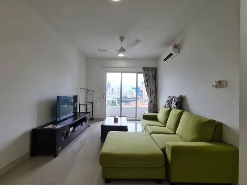 Living features: green L-shape sectional sofa, coffee table, wall-mounted TV, TV console, floor-to-ceiling windows, curtains, ceiling fan, wall-mounted split AC, white painted walls, glossy tile flooring; style: modern; view: city.