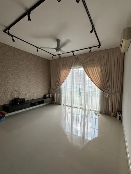 Living features: cream painted walls, feature wall with floral pattern, polished ceramic tile flooring, 5-blade ceiling fan with light, floor-to-ceiling windows, sheer curtains, curtains in beige, wall-mounted TV console, air conditioning unit; style: modern; view: city.