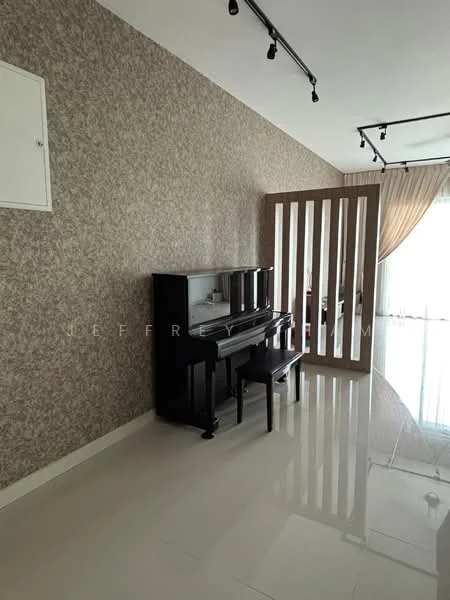 Room features: black upright piano, black piano bench, cream glossy tile flooring, floral patterned wallpaper, wooden partition, floor-to-ceiling windows, sheer curtains, recessed downlights; style: modern.