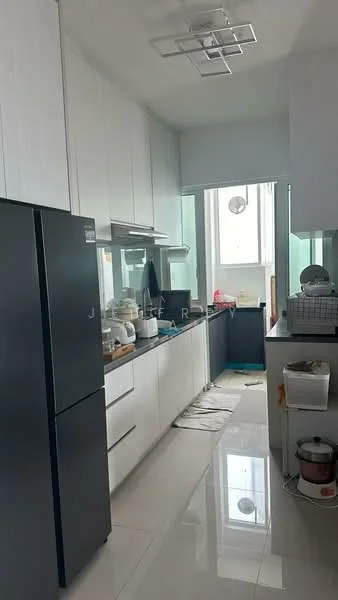 Kitchen features: white cabinetry, black refrigerator, stainless-steel sink, chrome pull-down faucet, white countertop, ceramic tile flooring, window with natural light, built-in oven, microwave, open shelving, kitchen island, dishwasher, wall-mounted cabinets, light fixture with square design; style: modern.