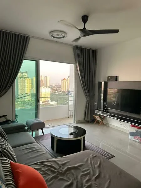Living features: floor-to-ceiling windows, grey fabric sofa, coffee table, wall-mounted TV, TV console, recessed downlights, 5-blade ceiling fan, curtains, area rug, decorative cushions; style: modern; view: city.