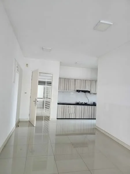 Kitchen features: white painted walls, glossy tile flooring, light wood cabinetry, black countertop, built-in gas stove, exhaust hood, single-bowl stainless-steel sink, recessed LED downlights; style: modern. Room features: white painted walls, glossy tile flooring, open layout, door leading to another room.