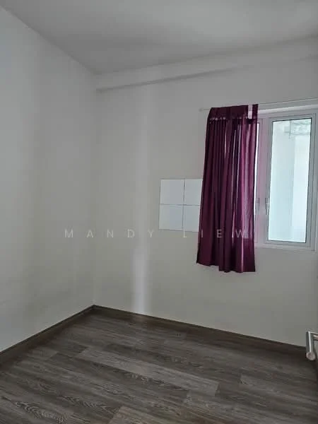 Room features: white painted walls, laminate flooring, purple curtain, window with glass pane, corner of room with no visible furniture.