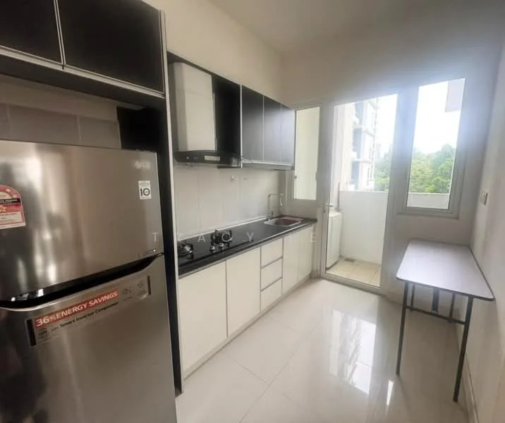 Kitchen features: stainless-steel fridge, built-in oven, 4-burner gas hob, black countertop, white cabinetry, single-bowl stainless-steel sink, chrome pull-down faucet, white tiled backsplash, window with garden view, floor-to-ceiling cabinets, white ceramic tile flooring; style: modern; view: garden.