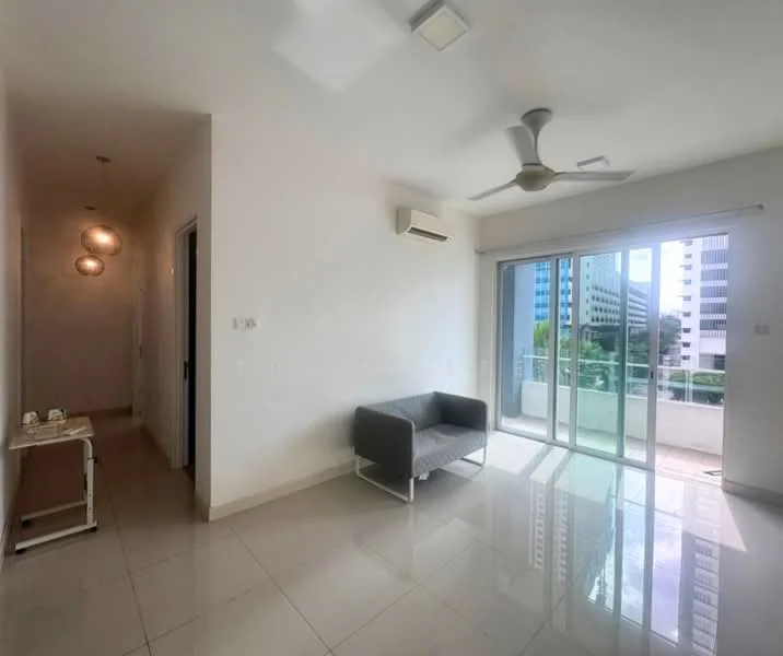 Living features: white painted walls, glossy tile flooring, 5-blade ceiling fan with light, floor-to-ceiling sliding glass door, balcony access, wall-mounted split AC, sofa in grey fabric, recessed ceiling lights; style: modern; view: city. Hallway features: white painted walls, glossy tile flooring, pendant lighting, door leading to bedroom, door leading to bathroom; style: modern.