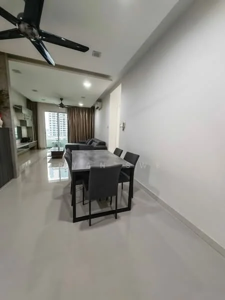 Dining features: dining table with grey surface, 4 upholstered dining chairs, white painted walls, polished tile flooring, 5-blade ceiling fan with light, floor-to-ceiling windows, curtains, living area visible in background, TV console in background, sofa in background; style: modern; view: city.
