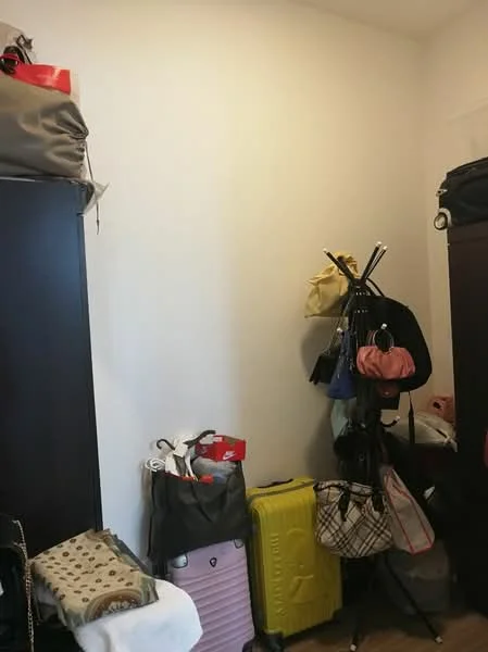 Room features: white painted walls, wood flooring, dark wood cabinets, clothing rack, luggage, various bags, storage items.