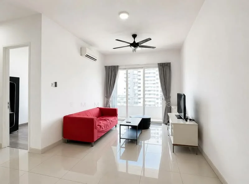 Living features: white painted walls, polished ceramic tile flooring, 5-blade ceiling fan with light, floor-to-ceiling windows, grey sheer curtains, red fabric sofa, black coffee table, white TV console, wall-mounted TV, air conditioning unit; style: modern; view: city.