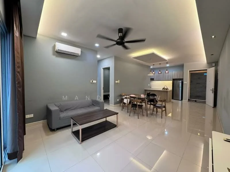 Living features: 3-seater fabric sofa in grey, coffee table, wall-mounted TV, dining table with 4 chairs, ceiling fan with light, wall-mounted split AC, recessed LED downlights, glossy tile flooring, floor-to-ceiling windows with sheer curtains, light blue painted walls, kitchen area visible in the background; style: modern.
